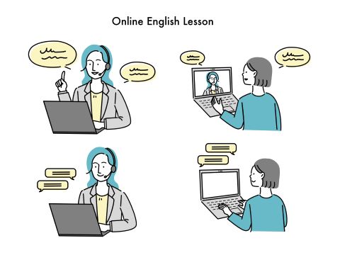 オンライン英会話をしている女性二人のイラスト