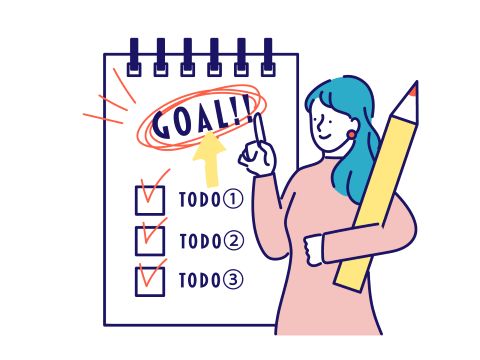 大きい鉛筆を抱えた女性がtodo→GOALというポスターの文字を指さしているイラスト
