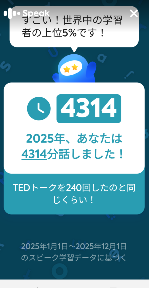 スピークで4314分話しました！という通知画面のスクショ