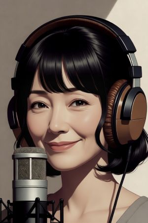 ヘッドホンを付けてマイクを前にした女性の首から上のAI画像
