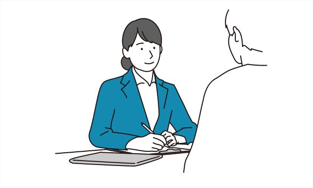 机を挟んで男性に聞き取りをしている女性のイラスト