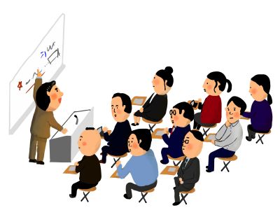 教室で授業を受ける大人たちのイラスト