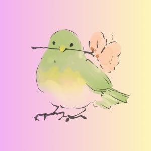 ウグイス色の小鳥が花の付いた枝を加えたイラスト