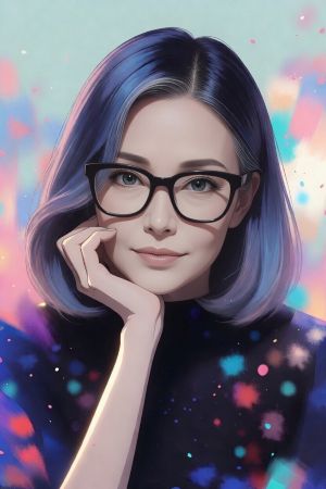 眼鏡で頬杖をついた女性の上半身のアニメAI画像
