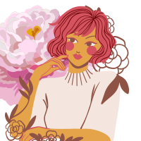 女性の上半身正面向きのイラスト，背景はピンクの花