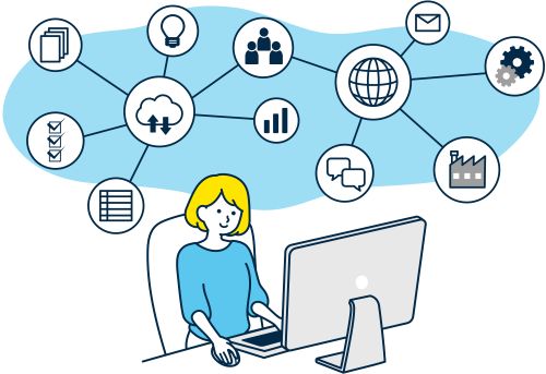 パソコンに向かっている女性と頭の上でネットワークが広がっていることを表したイラスト