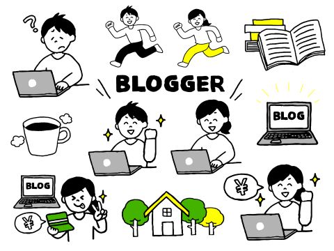 ノートパソコンを開いた男女のイラストの周りにブログに関連するイラストとBLOGGERの文字