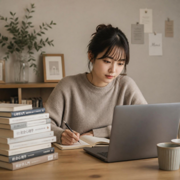自宅でパソコンに向かって勉強している若い女性。積み上げられた本