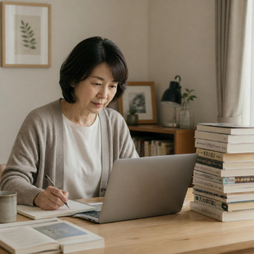 自宅でパソコンに向かって勉強する５０代くらいの女性。積み上げられた本